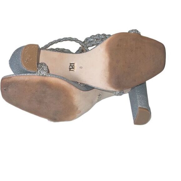 Badgley Mischka Fenix Silver Braided Rhinestone Block Heels Size 8 - Picture 8 of 12